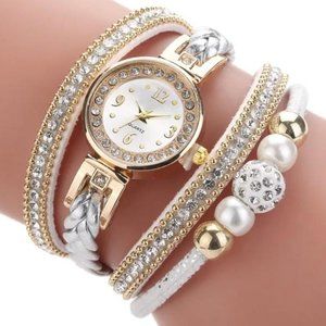 Brand New White and Gold Fashion Wrap Faux Diamond Pearl Snap Watch